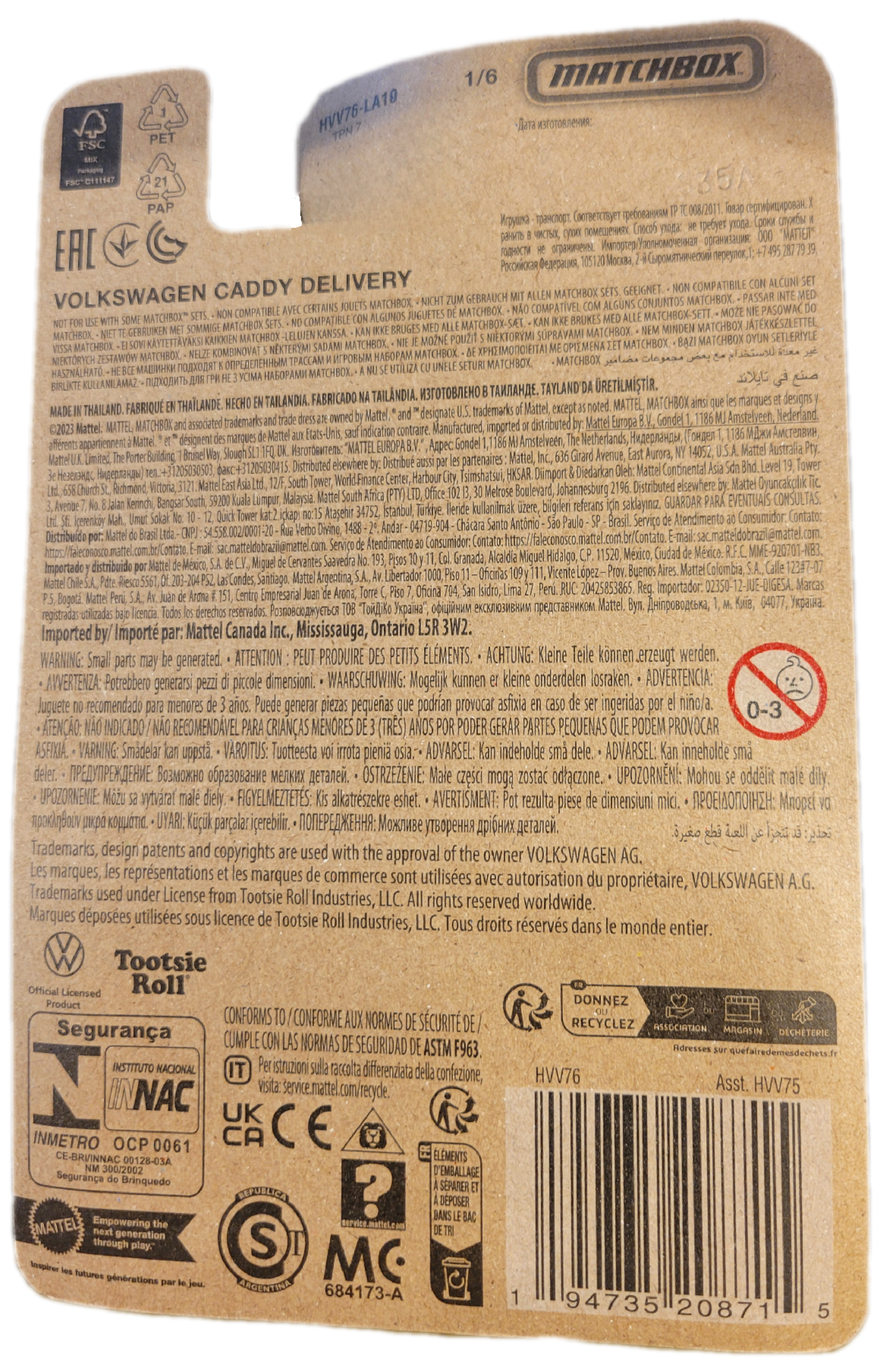 Mattel Matchbox Tootsie Roll Pop Toy Vehicle Volkswagen Caddy Delivery Toy Vehicle