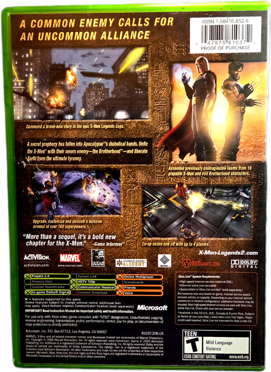 XBOX Marvel X-Men Legends II Rise of Apocalypse Used Video Game