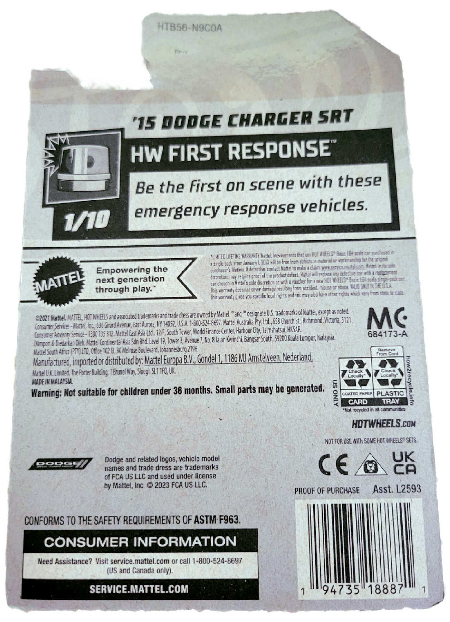 Mattel Hotwheels HW First Response '15 Dodge Charger SRT 1/10 Car