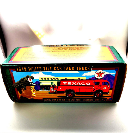1996 Texaco Collections Series 13 1949 White Tilt Car Tank Truck Locking Bank With Key